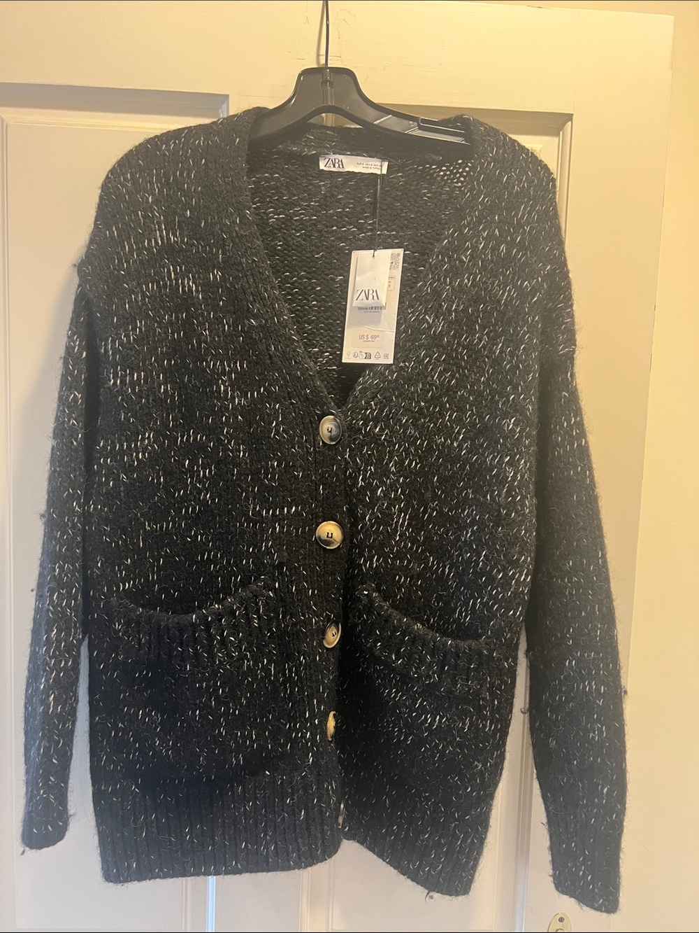Zara Black and White Marled Button Cardigan with Patch Pockets